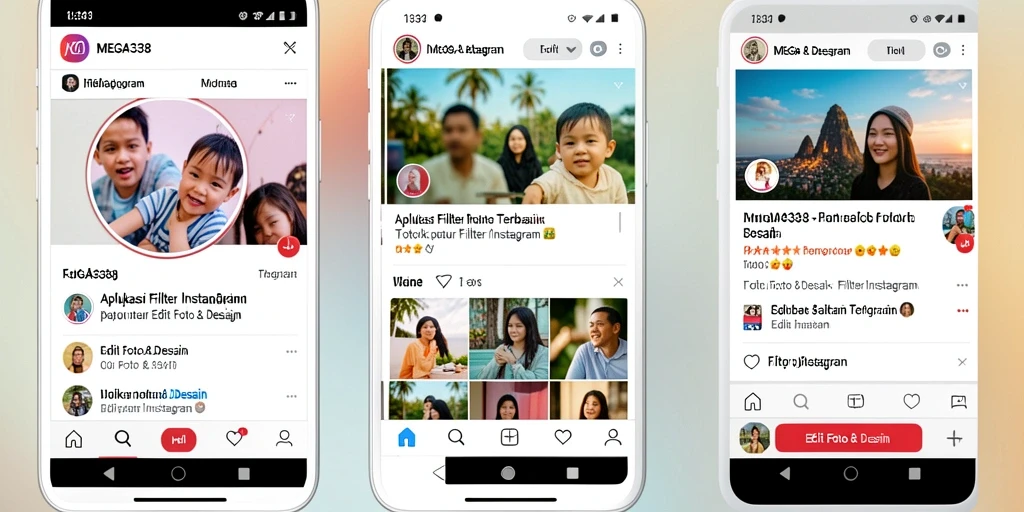 Tampilan antarmuka pengguna MEGA338 dengan pilihan filter Instagram yang beragam.