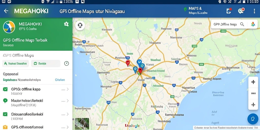 Antarmuka aplikasi MEGAHOKI dengan fitur GPS Offline Maps yang informatif.