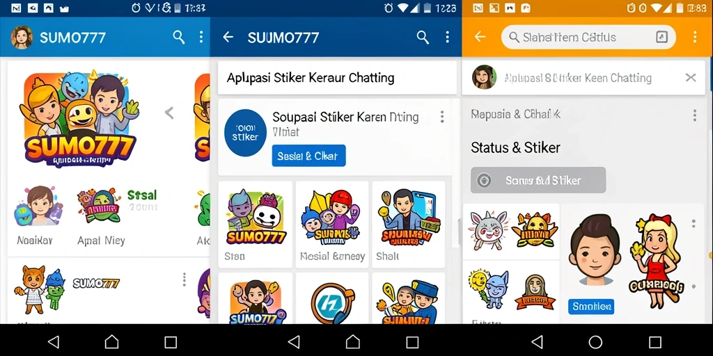 Antarmuka aplikasi SUMO777 dengan berbagai stiker menarik.